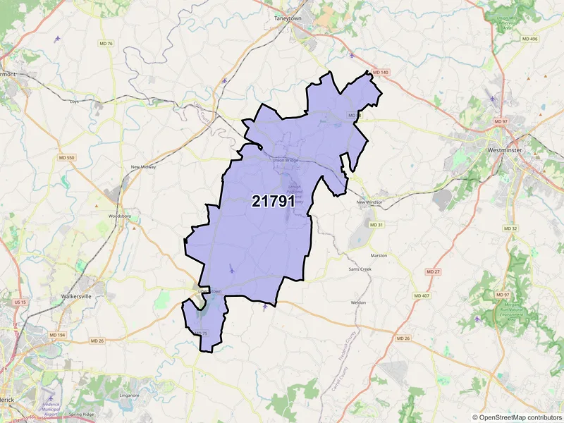 Map of ZIP Code 21791 — Union Bridge, MD