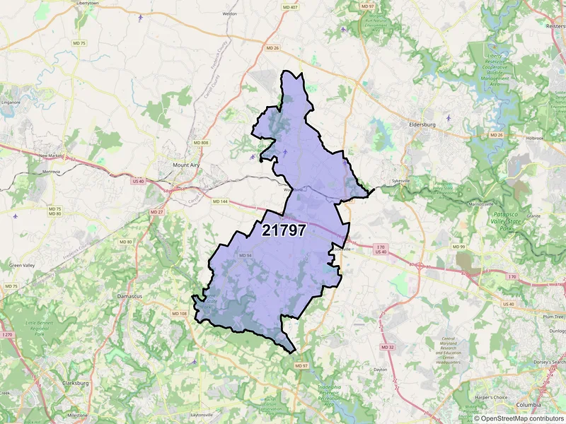 Map of Woodbine, Maryland and ZIP codes