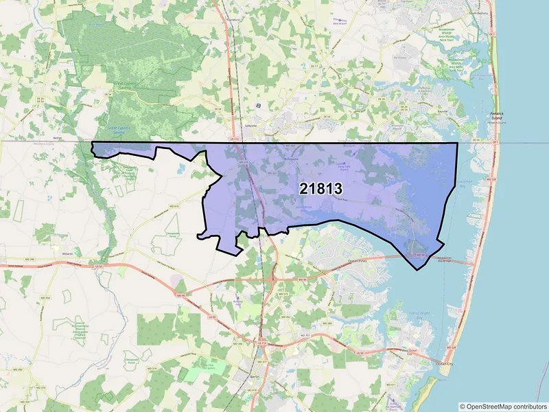 Map of ZIP Code 21813 — Bishopville, MD