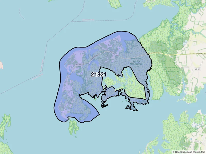 Map of ZIP Code 21821 — Deal Island, MD