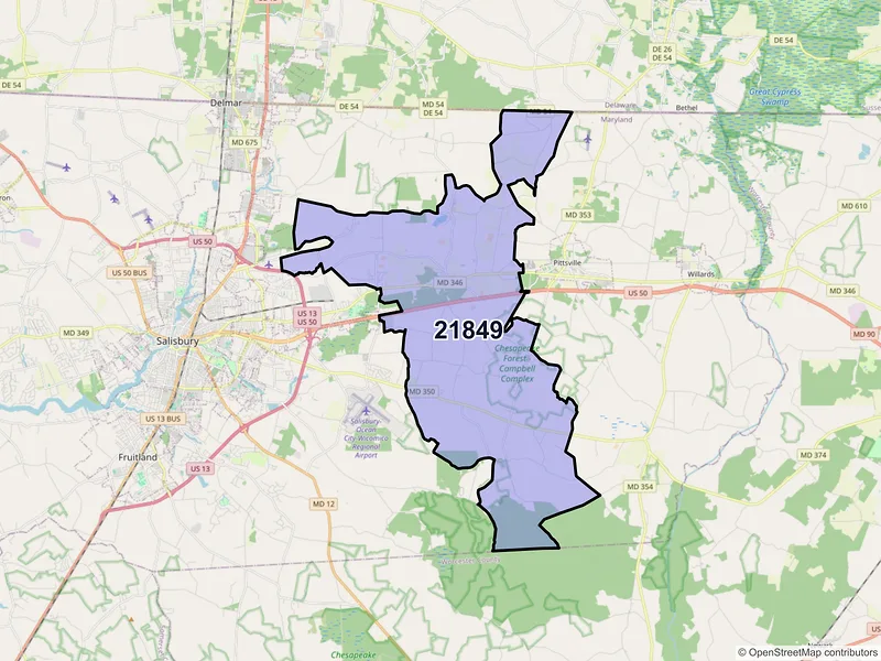 Map of ZIP Code 21849 — Parsonsburg, MD