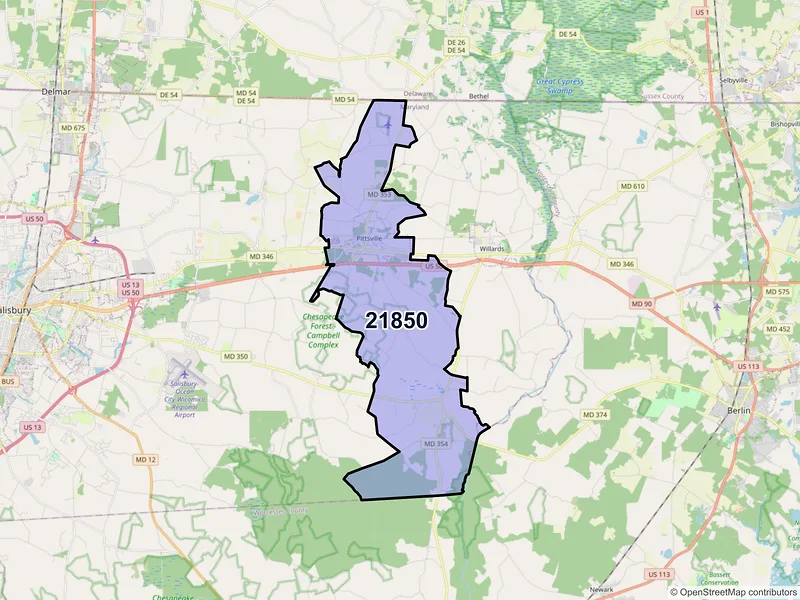 Map of ZIP Code 21850 — Pittsville, MD