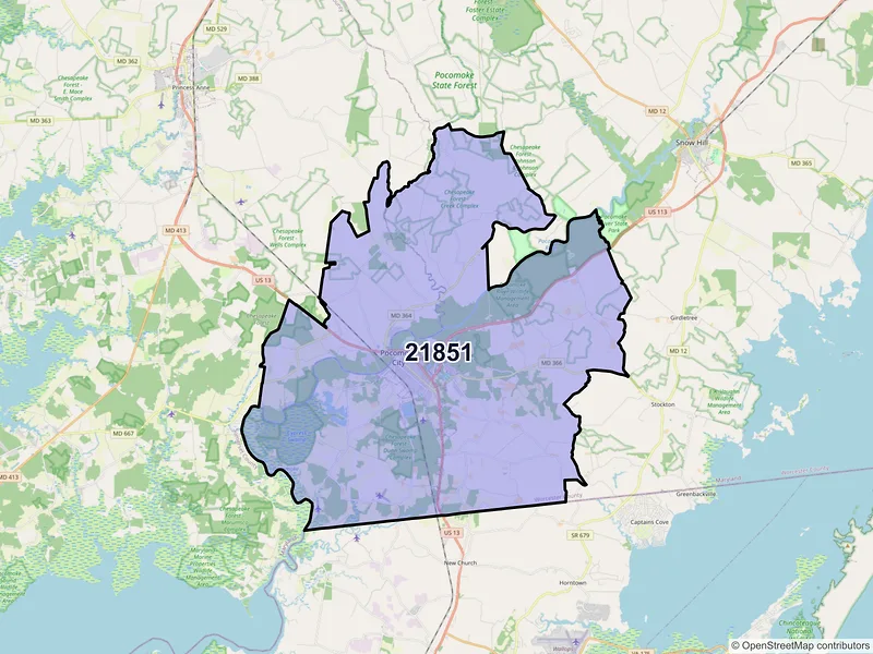 Map of ZIP Code 21851 — Pocomoke City, MD