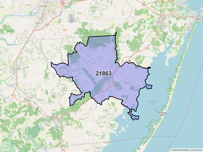 Map of ZIP Code 21863 — Snow Hill, MD