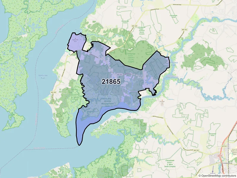 Map of ZIP Code 21865 — Tyaskin, MD