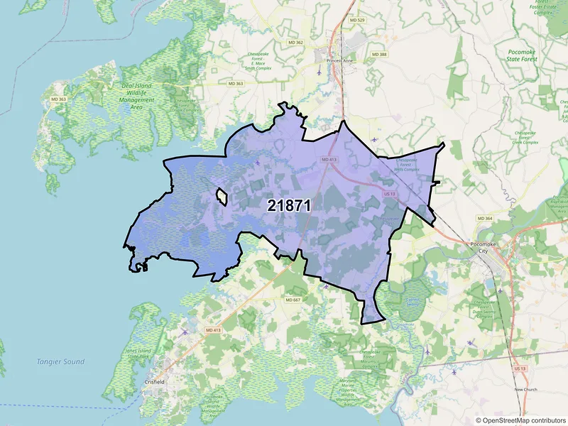 Map of ZIP Code 21871 — Westover, MD