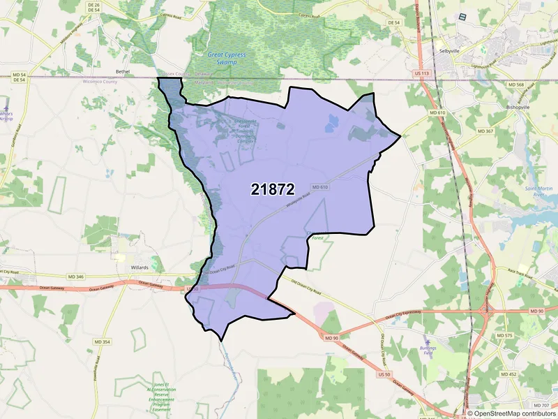 Map of ZIP Code 21872 — Whaleyville, MD