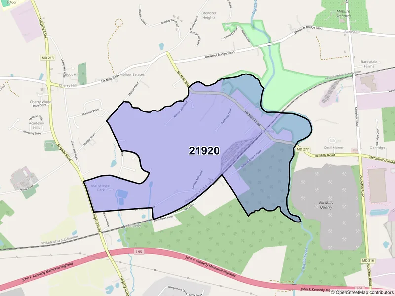 Map of Elk Mills, Maryland and ZIP codes