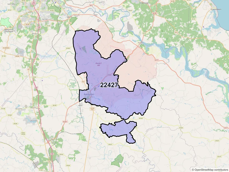 Map of ZIP Code 22427 — Bowling Green, VA