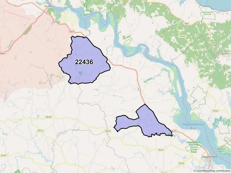 Map of ZIP Code 22436 — Caret, VA