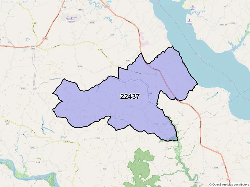 Map of Center Cross, Virginia and ZIP codes