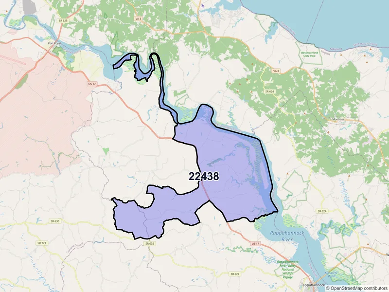 Map of ZIP Code 22438 — Champlain, VA