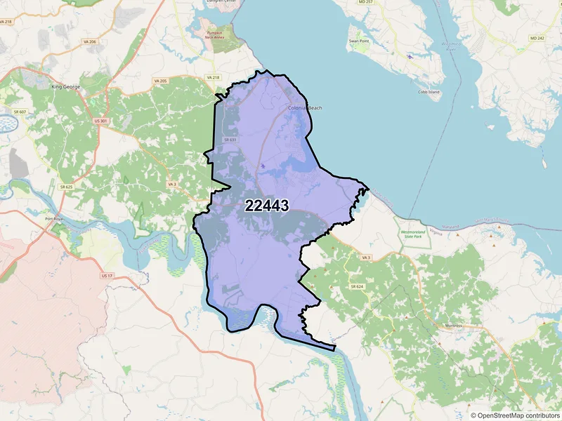 Map of ZIP Code 22443 — Colonial Beach, VA