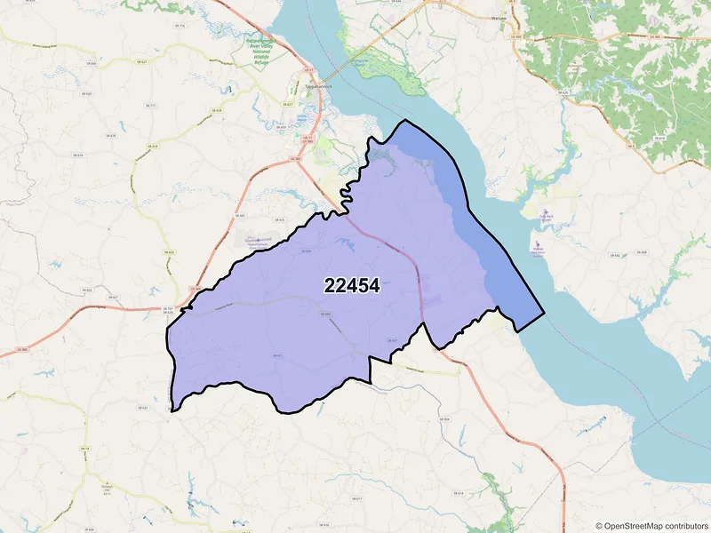 Map of ZIP Code 22454 — Dunnsville, VA