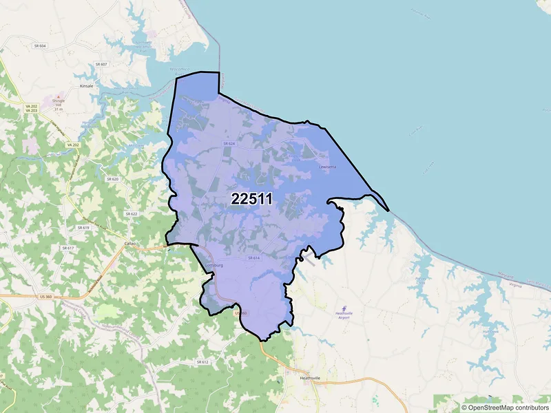 Map of Lottsburg, Virginia and ZIP codes