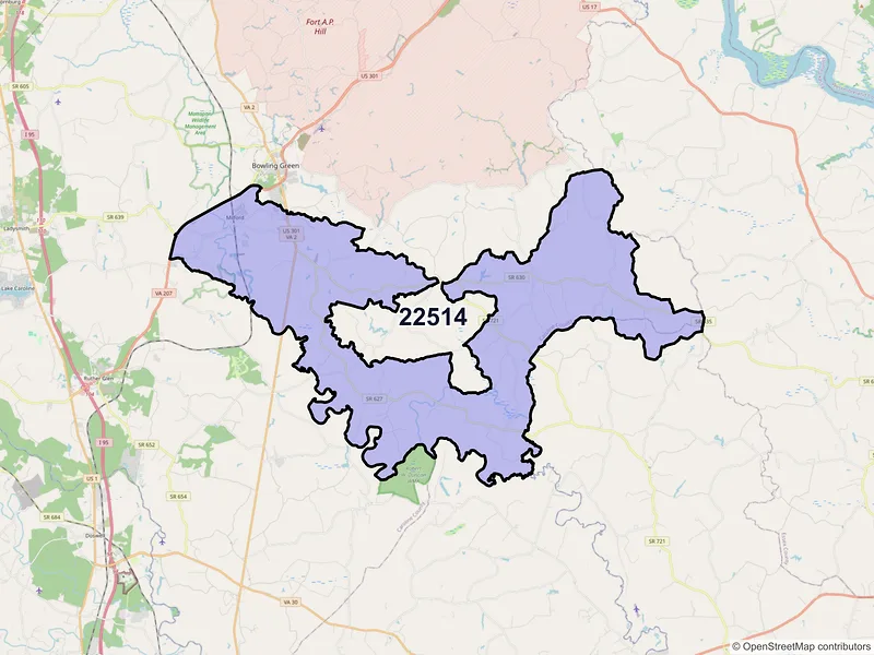 Map of ZIP Code 22514 — Milford, VA