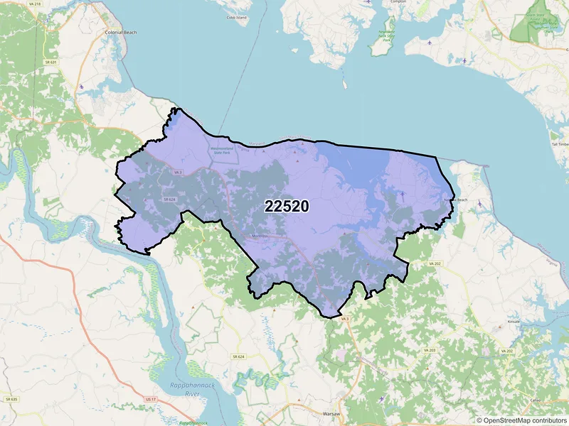 Map of ZIP Code 22520 — Montross, VA