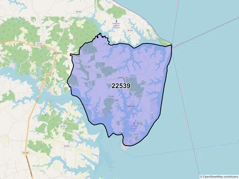 Map of ZIP Code 22539 — Reedville, VA