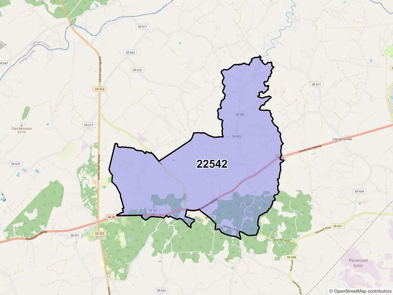 Map of Rhoadesville, Virginia and ZIP codes