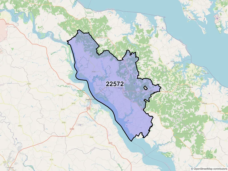 Map of ZIP Code 22572 — Warsaw, VA