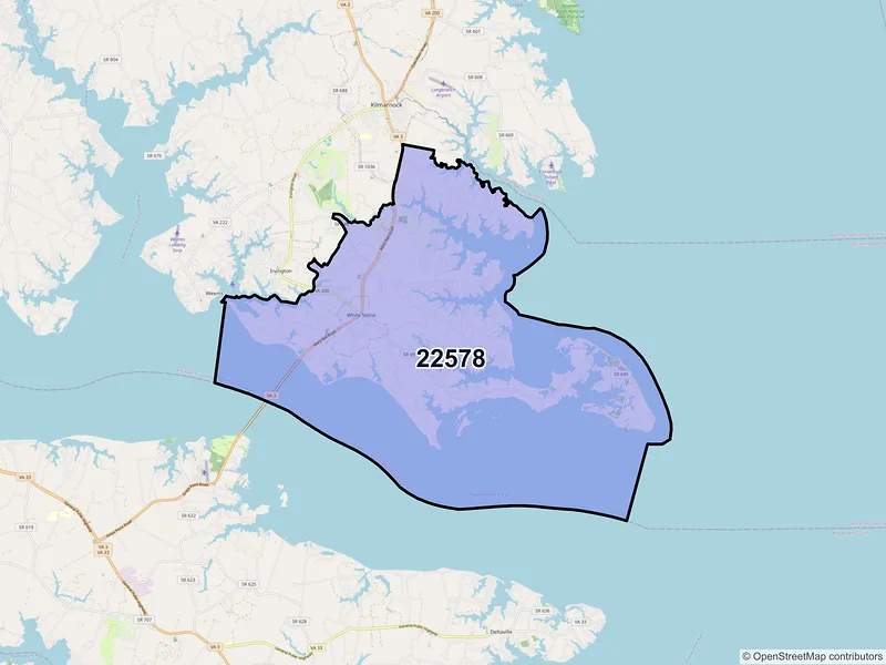 Map of White Stone, Virginia and ZIP codes