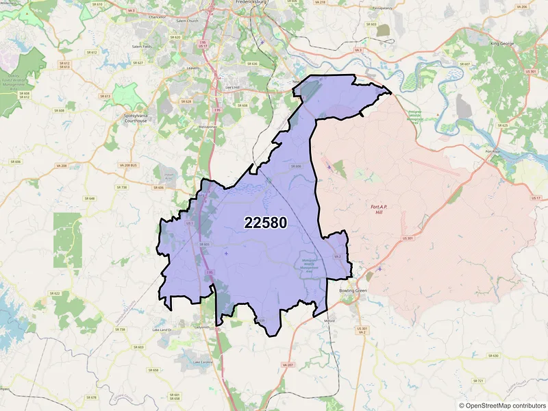 Map of ZIP Code 22580 — Woodford, VA