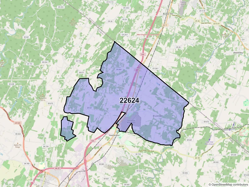 Map of ZIP Code 22624 — Clear Brook, VA