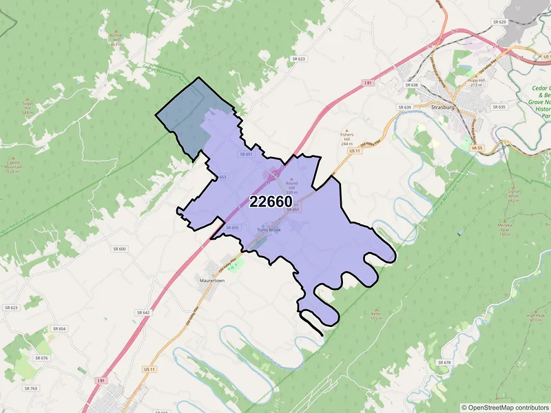 Map of Toms Brook, Virginia and ZIP codes