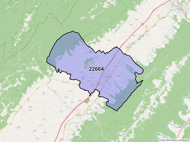 Map of Woodstock, Virginia and ZIP codes