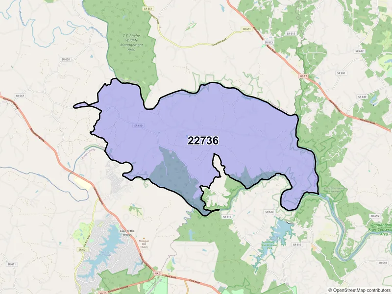 Map of Richardsville, Virginia and ZIP codes
