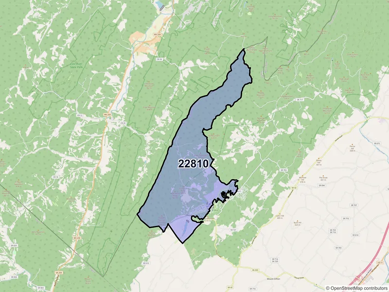 Map of Basye, Virginia and ZIP codes