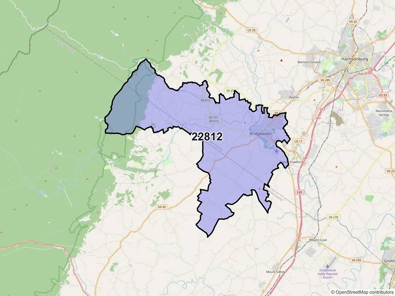 Map of Bridgewater, Virginia and ZIP codes