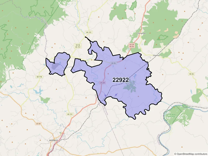 Map of ZIP Code 22922 — Arrington, VA