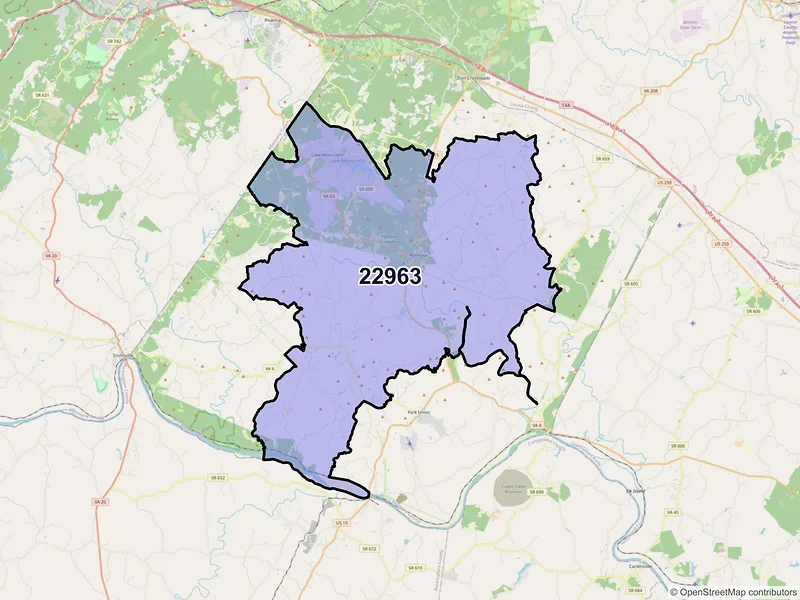 Map of ZIP Code 22963 — Palmyra, VA