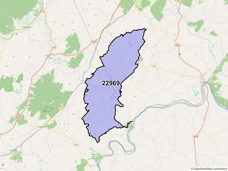 Map of ZIP Code 22969 — Schuyler, VA