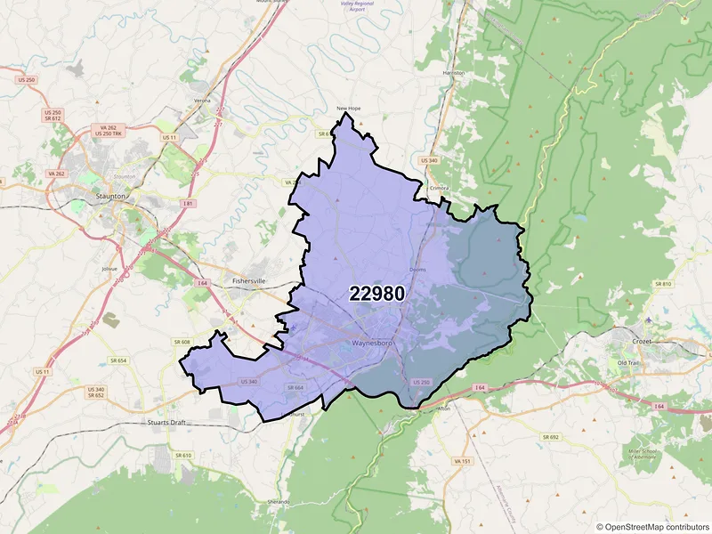 Map of ZIP Code 22980 — Waynesboro, VA