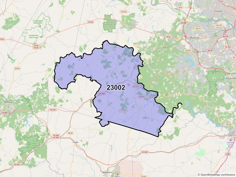 Map of ZIP Code 23002 — Amelia Court House, VA