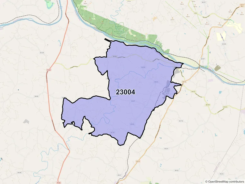Map of ZIP Code 23004 — Arvonia, VA