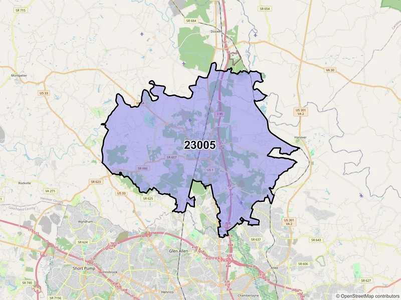Map of ZIP Code 23005 — Ashland, VA
