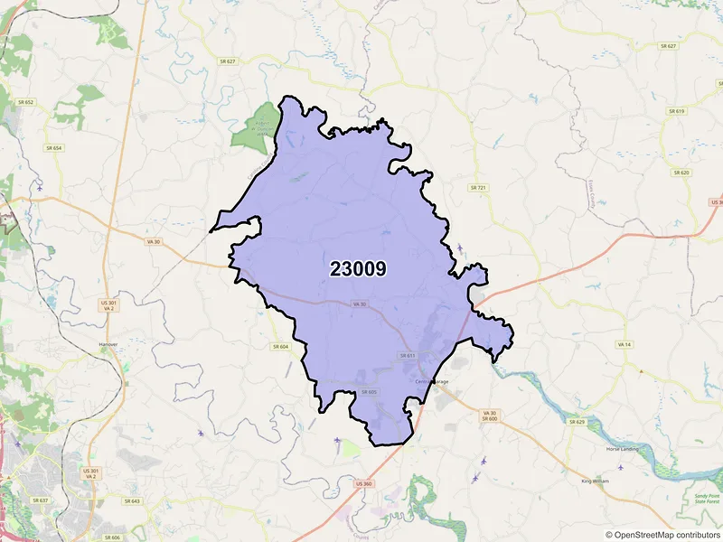 Map of ZIP Code 23009 — Aylett, VA