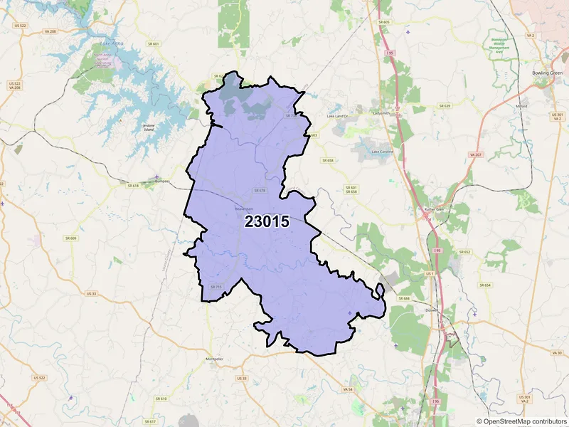 Map of ZIP Code 23015 — Beaverdam, VA