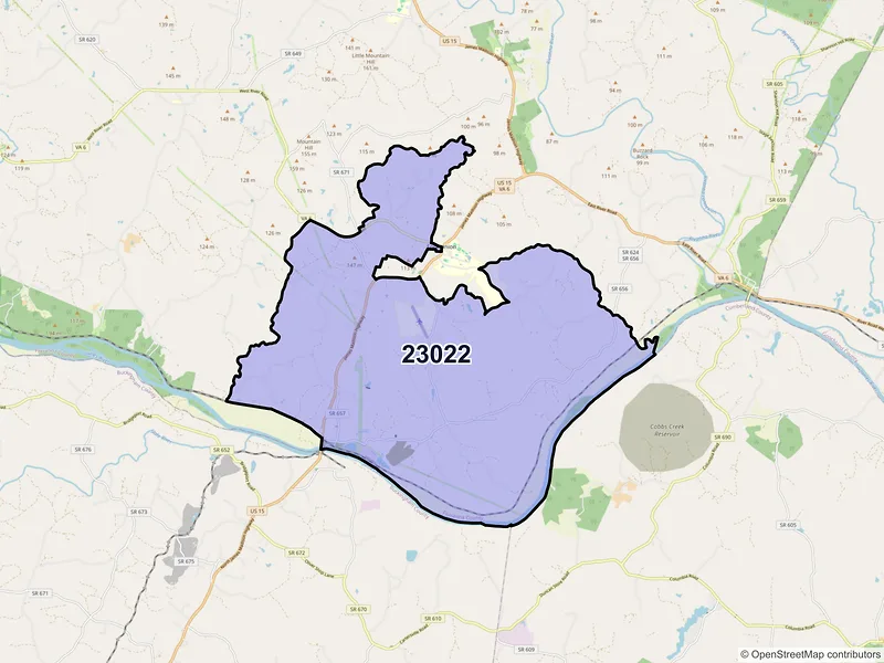 Map of ZIP Code 23022 — Bremo Bluff, VA