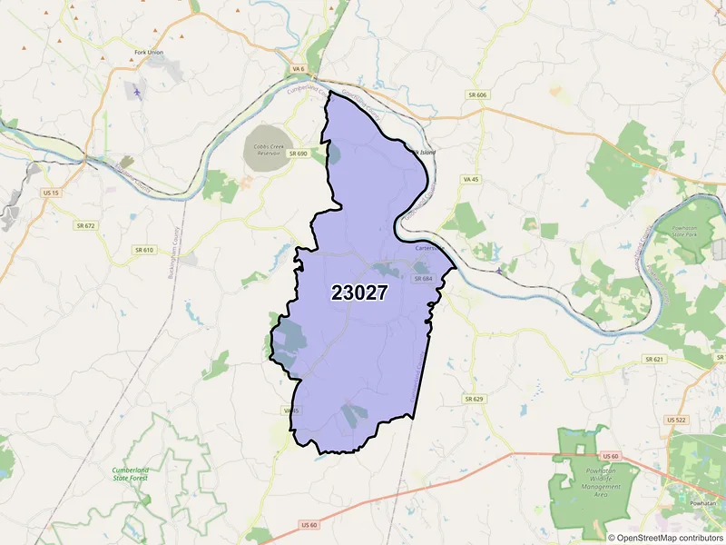 Map of ZIP Code 23027 — Cartersville, VA