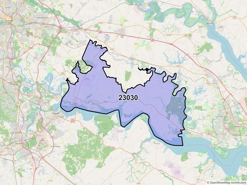 Map of ZIP Code 23030 — Charles City, VA