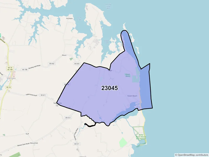 Map of ZIP Code 23045 — Diggs, VA