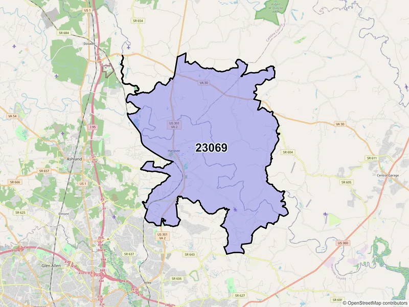 Map of ZIP Code 23069 — Hanover, VA