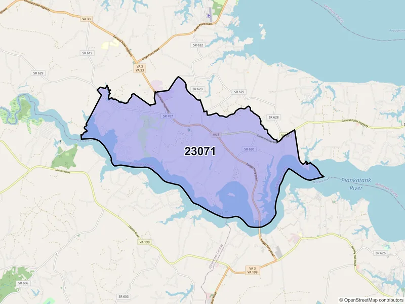Map of ZIP Code 23071 — Hartfield, VA