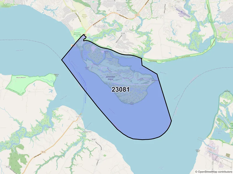 Map of Jamestown, Virginia and ZIP codes