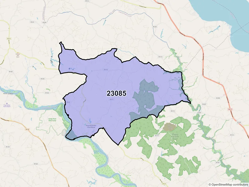 Map of ZIP Code 23085 — King and Queen Court House, VA