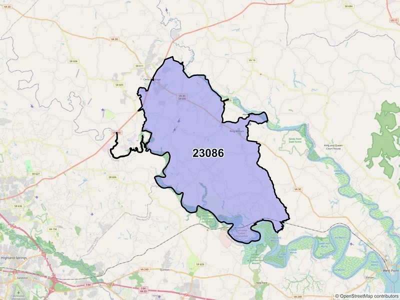 Map of ZIP Code 23086 — King William, VA